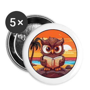 Eulen-niedlicher lustiger Cartoon Kawaii-Buch-Strand - Buttons groß 56 mm (5er Pack) - Weiß - Vorne