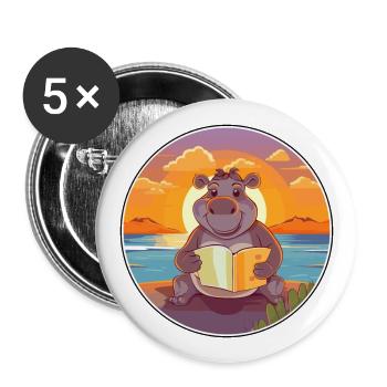 Hippo Cute Funny Cartoon Kawaii Book Beach - Buttons large 2.2''/56 mm (5-pack) - white - Front