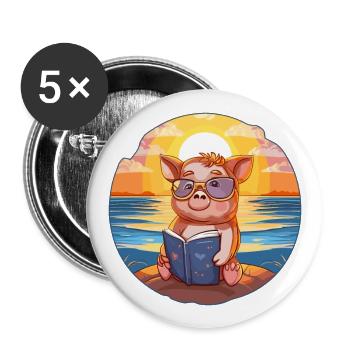 Cochon Mignon Drôle Dessin Animé Kawaii Livre Plage - Lot de 5 grands badges (56 mm) - blanc - Devant