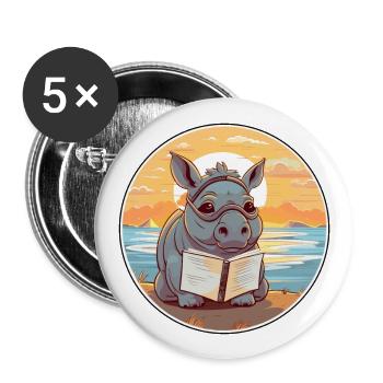 Nashorn süßer lustiger Cartoon Kawaii Buchstrand - Buttons groß 56 mm (5er Pack) - Weiß - Vorne