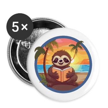 Faultier, niedlich, lustig, Cartoon, Kawaii, Buch, Strand - Buttons groß 56 mm (5er Pack) - Weiß - Vorne