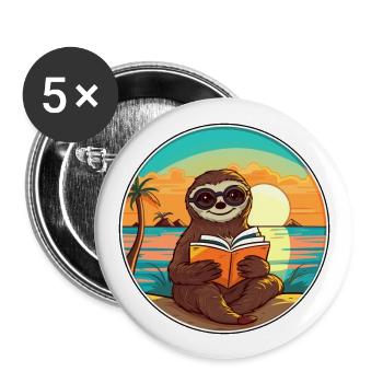 Faultier, niedlich, lustig, Cartoon, Kawaii, Buch, Strand - Buttons groß 56 mm (5er Pack) - Weiß - Vorne
