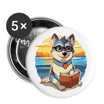 Husky Chien Mignon Drôle Dessin Animé Kawaii Livre Plage - Lot de 5 grands badges (56 mm) - blanc - Devant