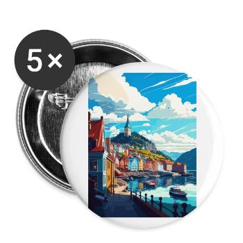 Bergan Norway Oslo Vintage Travel Poster Souvenir - Buttons large 2.2''/56 mm (5-pack) - white - Front