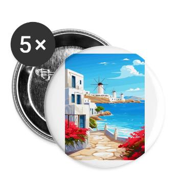 Mykonos Greece Decoration Vintage Travel Poster - Buttons large 2.2''/56 mm (5-pack) - white - Front