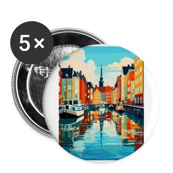 Copenhague, Danemark, Affiche de voyage vintage souvenir - Lot de 5 grands badges (56 mm) - blanc - Devant
