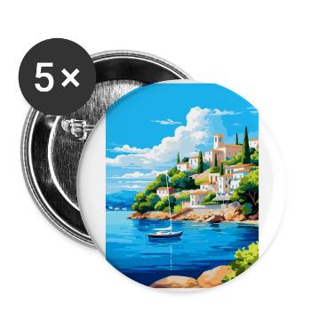 Porto Heli Griechenland Vintage Reiseplakat Souvenir - Buttons groß 56 mm (5er Pack) - Weiß - Vorne