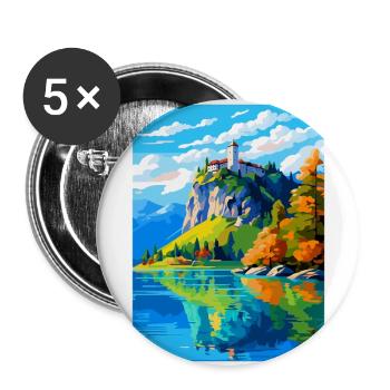 Château de Bled, Slovénie, Affiche de voyage vintage, WPA, Art - Lot de 5 grands badges (56 mm) - blanc - Devant
