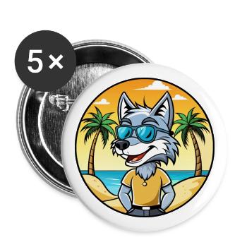Wolf Lustige Cartoon Sommer Strand Sonnenbrille Aufkleber - Buttons groß 56 mm (5er Pack) - Weiß - Vorne