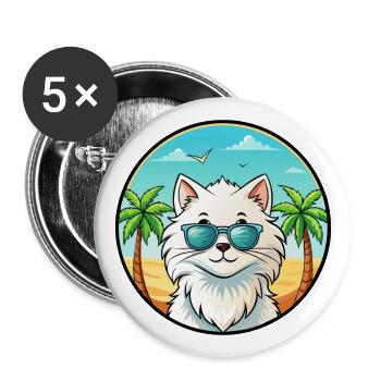 Weiße Langhaarkatze Persische Katze Rasse Cartoon Strand - Buttons groß 56 mm (5er Pack) - Weiß - Vorne