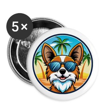 Papillon Hunderasse Cartoon Sonnenbrille Strand - Buttons groß 56 mm (5er Pack) - Weiß - Vorne