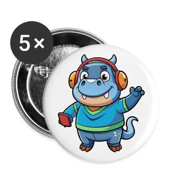 Hippo Funny Cartoon Character Musique de casque - Lot de 5 grands badges (56 mm) - blanc - Devant