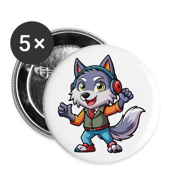 Wolf Funny Cartoon Character Headphone Music - Buttons large 2.2''/56 mm (5-pack) - white - Front