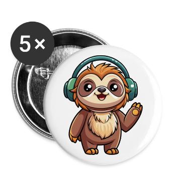 Faultier Lustige Zeichentrickfigur Kopfhörer Musik - Buttons groß 56 mm (5er Pack) - Weiß - Vorne