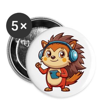 Igel Lustige Zeichentrickfigur Kopfhörer Musik - Buttons groß 56 mm (5er Pack) - Weiß - Vorne