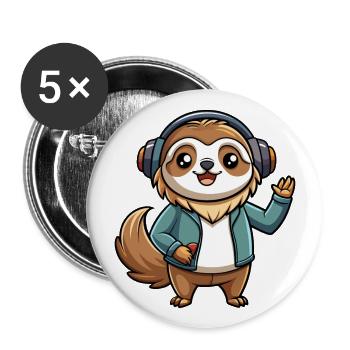 Faultier Lustige Zeichentrickfigur Kopfhörer Musik - Buttons groß 56 mm (5er Pack) - Weiß - Vorne