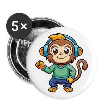 Affe Lustige Zeichentrickfigur Kopfhörer Musik - Buttons groß 56 mm (5er Pack) - Weiß - Vorne