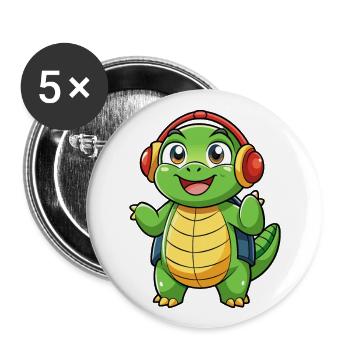Schildkröte Lustige Zeichentrickfigur Kopfhörer Musik - Buttons groß 56 mm (5er Pack) - Weiß - Vorne