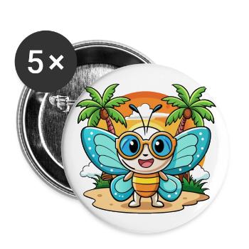 papillon drôle dessin animé d’été plage lunettes de soleil - Lot de 5 grands badges (56 mm) - blanc - Devant