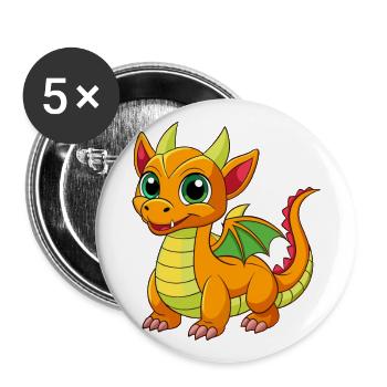 Drache Niedliche Maskottchen Zeichentrickfigur Kawaii - Buttons groß 56 mm (5er Pack) - Weiß - Vorne