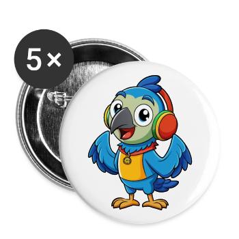 Papagei Lustige Zeichentrickfigur Kopfhörer Musik - Buttons groß 56 mm (5er Pack) - Weiß - Vorne