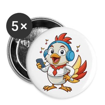 Huhn Lustige Zeichentrickfigur Kopfhörer Musik - Buttons groß 56 mm (5er Pack) - Weiß - Vorne