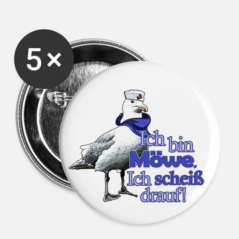 Lustige Möwe mit Spruch - Scheiß drauf! - Buttons groß 56 mm (5er Pack) - Weiß