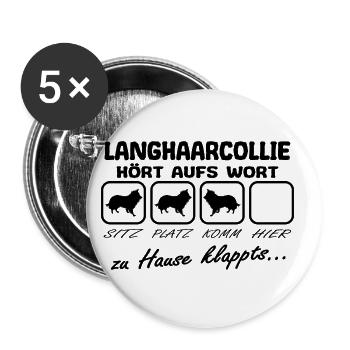 Langhaarcollie Hört aufs Wort Spruch Lustig - Buttons groß 56 mm (5er Pack) - Weiß - Vorne