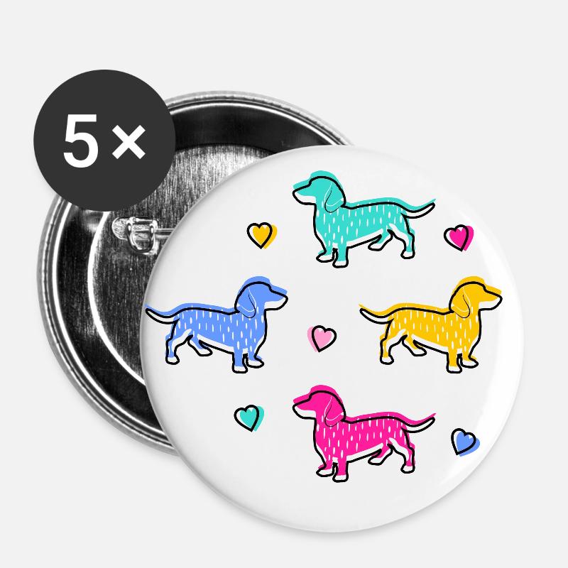 COLORFUL Dachshund, DACHSHUND WITH HEARTS - Buttons large 2.2''/56 mm (5-pack) - white