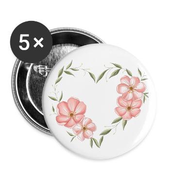 Coeur avec des fleurs et des feuilles - Lot de 5 grands badges (56 mm) - blanc - Devant