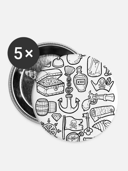 Piraten - Buttons groß 56 mm (5er Pack) - Weiß