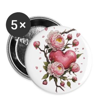 Herz mit Pfingstrosen Valentinstag Liebe Geschenk - Buttons groß 56 mm (5er Pack) - Weiß - Vorne