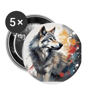 Gemalter Wolf -Tierbild - Wolf T-Shirt kunstvoll - Buttons groß 56 mm (5er Pack) - Weiß - Vorne