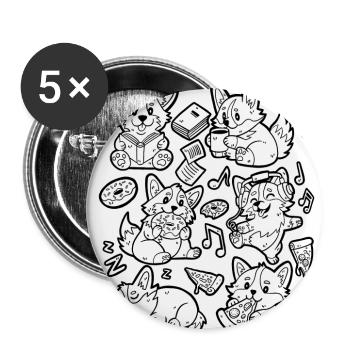 Corgi Doodle: Coffee, Pizza, Donut, Music, Book - Buttons large 2.2''/56 mm (5-pack) - white - Front