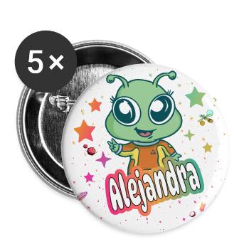ALEJANDRA - Schöner Mädchen Name mit süßem Alien - Buttons groß 56 mm (5er Pack) - Weiß - Vorne