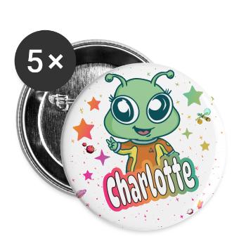 CHARLOTTE - Schöner Mädchen Name mit süßem Alien - Buttons groß 56 mm (5er Pack) - Weiß - Vorne