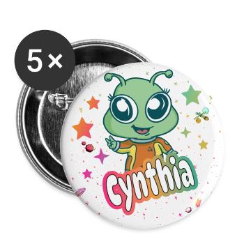 CYNTHIA - Beau nom de fille avec un extraterrestre mignon - Lot de 5 grands badges (56 mm) - blanc - Devant