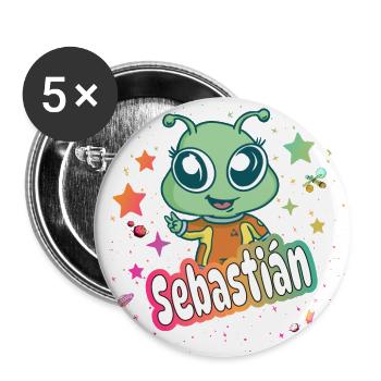 SEBASTIAN - Beau nom de garçon avec un extraterrestre mignon - Lot de 5 grands badges (56 mm) - blanc - Devant