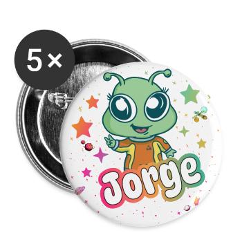 JORGE - Schöner Junge Name mit süßem Alien - Buttons groß 56 mm (5er Pack) - Weiß - Vorne
