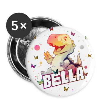 BELLA - Beau prénom de FILLE avec mignon DINO T-REX - Lot de 5 grands badges (56 mm) - blanc - Devant