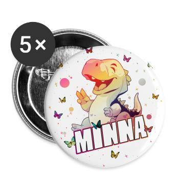 MINNA - Beau nom de FILLE avec mignon DINO T-REX - Lot de 5 grands badges (56 mm) - blanc - Devant