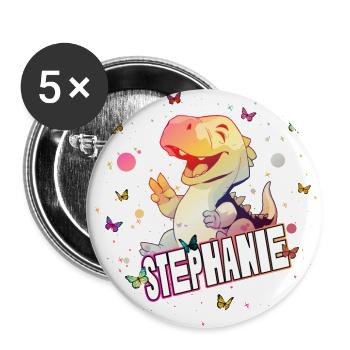 STEPHANIE - Beau nom de FILLE avec mignon DINO - Lot de 5 grands badges (56 mm) - blanc - Devant
