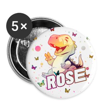 ROSE - Schöner MÄDCHEN Name mit süßem DINO - Buttons groß 56 mm (5er Pack) - Weiß - Vorne