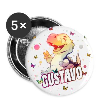 GUSTAVO - Beau prénom GARÇON avec mignon DINO - Lot de 5 grands badges (56 mm) - blanc - Devant