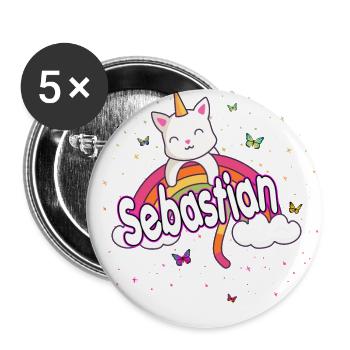 SEBASTIAN - Beau prénom GARÇON avec CATICORNE douce - Lot de 5 grands badges (56 mm) - blanc - Devant