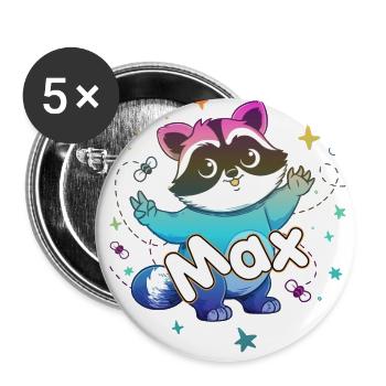 MAX - Schöner Jungen Name mit süßem Waschbär - Buttons groß 56 mm (5er Pack) - Weiß - Vorne