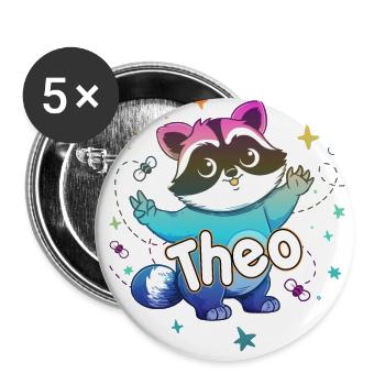 THEO - Beautiful boy name with cute raccoon - Buttons large 2.2''/56 mm (5-pack) - white - Front