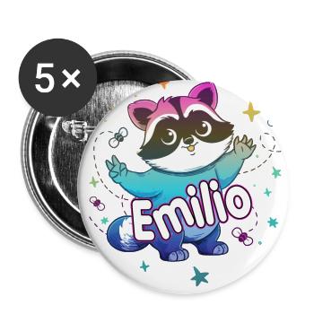 EMILIO - Beau nom de garçon avec un raton laveur mignon - Lot de 5 grands badges (56 mm) - blanc - Devant