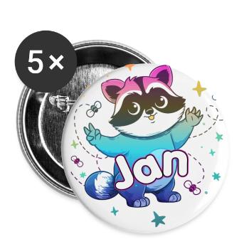 JAN - Schöner Jungen Name mit süßem Waschbär - Buttons groß 56 mm (5er Pack) - Weiß - Vorne