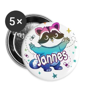JANNES - Beau nom de garçon avec un raton laveur mignon - Lot de 5 grands badges (56 mm) - blanc - Devant